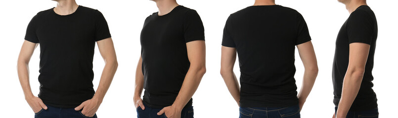 Collage with photos of man in black t-shirt on white background, closeup. Banner design