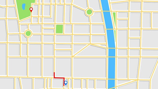 Navigation map with checkpoints icons. Creating route - Traveling city concept. Animation of an app screen.