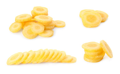 Set of yellow carrot slices on white background, banner design