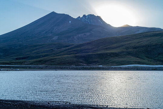 A camp field beach at dusk, Erciyes mount Tekir lake in Kayseri city