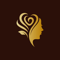 Lady rose, beauty and fashion logo, woman with flower hair,  luxury gold color logo template on black background