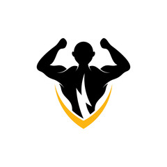 Fitness logo. Logo design of muscular man silhouette with thunder and shield frame. Emblem badge logo template