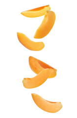 Fototapeta na wymiar Ripe apricot slices falling on white background