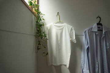 One white T-shirt hung in the room.  Room, living room, room drying, laundry, etc.. 部屋にかけられた一枚の白いtシャツ。部屋、リビング、部屋干し、洗濯など