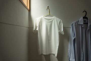 One white T-shirt hung in the room.  Room, living room, room drying, laundry, etc.....