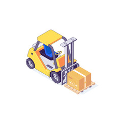 Isometric warehouse forklift pallet box and loader. Truck delivery and transportaion industry vector illustration