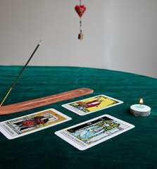 Tarot cards, candle, incense, sage, cauldron and essence.