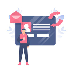 concept of synchronization, updates, information. illustration of people standing while using a smartphone to synchronize data. flat design. can be used for elements, landing pages, UI, website