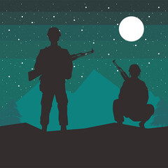 Naklejka premium soldiers figures silhouettes at night scene