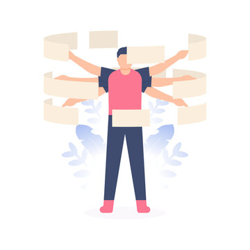the concept of hard work, multitasking, workmanlike. illustration of a man standing while doing many tasks by using his six hands. flat design. can be used for elements, landing pages, UI, website