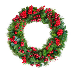 Fototapeta na wymiar Christmas Wreath with Red Berries Isolated on White