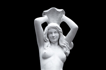 antique marble statue of a girl with a jug on her head, isolated on black background