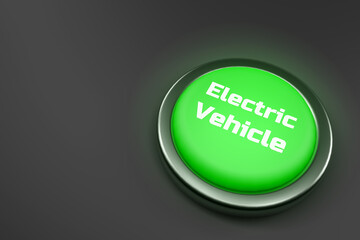 3d rendering of a shiny green button isolated on black background. 
Electric Vehicle button for web page, presentation, apps and design products. Horizontal composition with copy space.