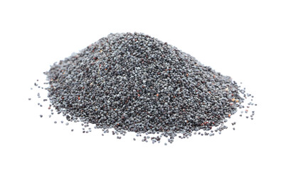 Pile of poppy seeds on white background