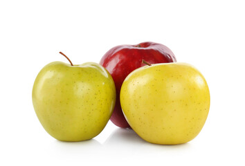Fresh juicy yellow and red apples on white background