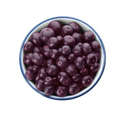 Fresh acai berries in bowl isolated on white, top view