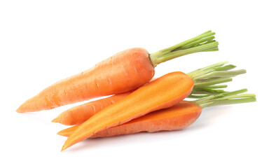 Whole and cut ripe carrots isolated on white