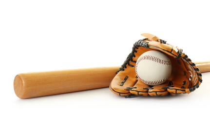 Leather baseball ball, bat and glove on white background - Powered by Adobe