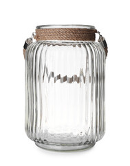 Stylish empty glass vase isolated on white