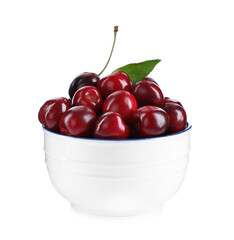 Tasty ripe red cherries in bowl isolated on white