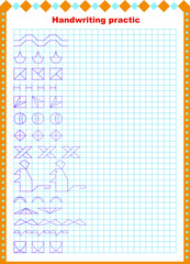 Handwritten practice sheet. Educational children's game, printed sheet for children. Drawing and coloring patterns from a sample