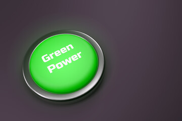 3d rendering of a shiny green button isolated on black background. 
Green Power button for web page, presentation, apps and design products. Horizontal composition with copy space.