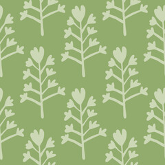Herbal seamless pattern with grey flowers silhouettes. Pastel green background. Naive design.