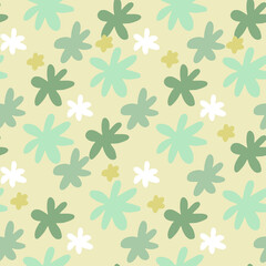 Pastel light seamless pattern with daisy flowers. Green floral ornament. Beige background.