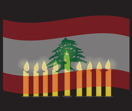 Praying Candles with the Lebanon National Flag, Pray for Lebanon concept, Save Lebanese People, sign symbol background, vector illustration.