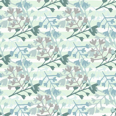 Winter flower branch ornament seamless pattern. Blue tone elements on white background. Creative floral artwork.