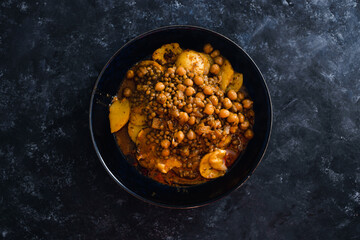 plant-based food, vegan potato bake with chickpeas and lentil stew