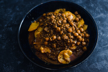 plant-based food, vegan potato bake with chickpeas and lentil stew