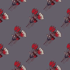 Dark seamless floral pattern with red tulip flowers contoured bouquet. grey background. Simple botanic backdrop.