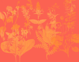 Here is a background image of yellow flower silhouettes on a red orange background.