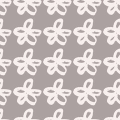 Seamless botanic pattern with white hand drawn daisy flowers. Grey background. Stylized artwork.