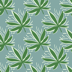 Marijuana green leaves simple seamless pattern. Green herbal silhouettes on blue background.