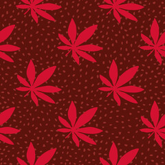 Ganja hand drawn seamless pattern. Maroon background with dots and red cannabis leaves.