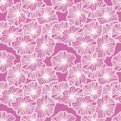 Random seamless pattern with simple outline floral ornament. White contoured elements on bright pink background.
