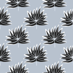 Foliage tropical leaves seamless pattern with gray background. Black floral ornament with white contour.