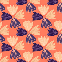 Yellow and purple color tulip buds seamless pattern. Soft coral background. Simple backdrop.