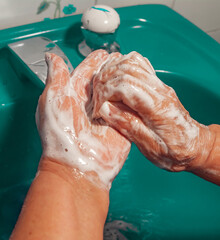 Hand washing and hygiene with a lot of foam