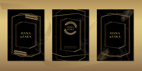 Wedding invitation cards black marble with  gold leaf template
