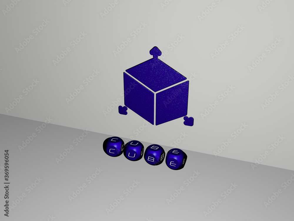 Poster 3d representation of cube with icon on the wall and text arranged by metallic cubic letters on a mir