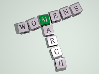 crosswords of WOMENS MARCH arranged by cubic letters on a mirror floor, concept meaning and presentation. background and illustration