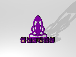 3D graphical image of ROCKET vertically along with text built by metallic cubic letters from the top perspective, excellent for the concept presentation and slideshows. illustration and space