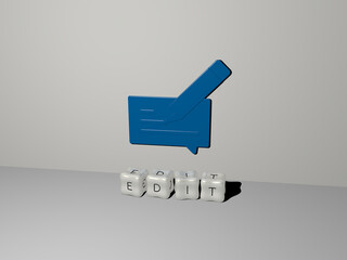 3D representation of EDIT with icon on the wall and text arranged by metallic cubic letters on a mirror floor for concept meaning and slideshow presentation. easily and illustration