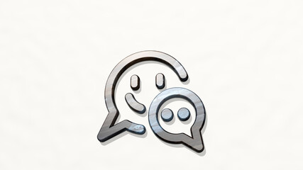 CONVERSATION SMILE TYPE on the wall. 3D illustration of metallic sculpture over a white background with mild texture. business and communication