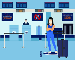 Woman waiting to be attended by airline staff wearing mask and face shield - Baggage check-in area - new normal