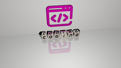 3D graphical image of CODING vertically along with text built by metallic cubic letters from the top perspective, excellent for the concept presentation and slideshows. illustration and code