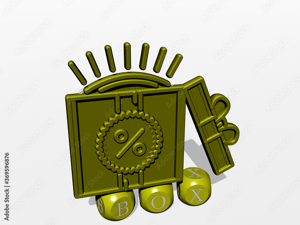 Poster 3d graphical image of box vertically along with text built by metallic cubic letters from the top pe